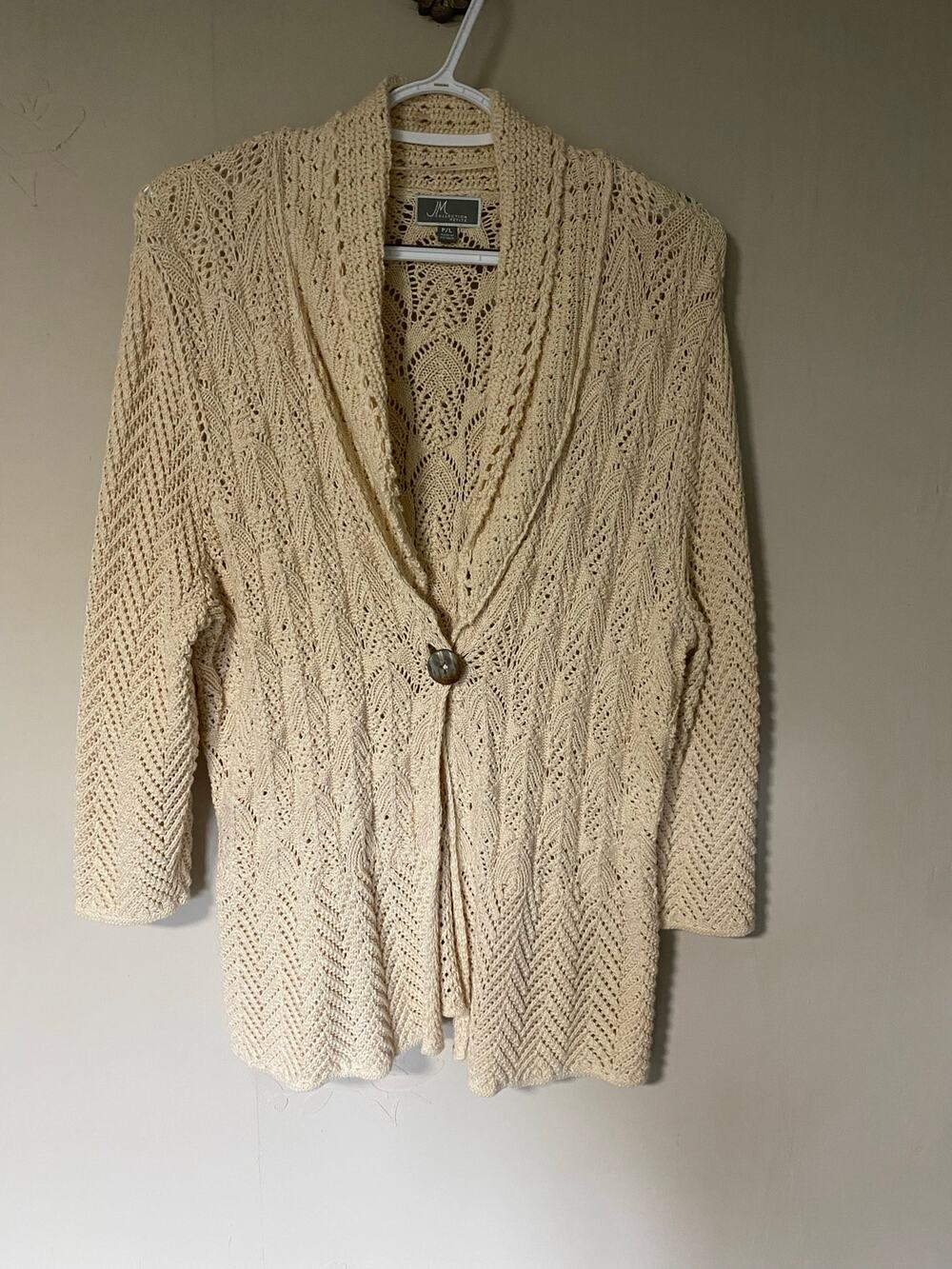 JM Collection Cotton Blend Shawl Collar open Knit Cream Cardigan Petite Large